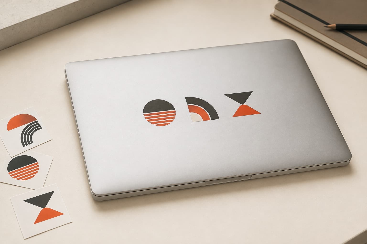 Three matt vinyl stickers on the aluminium lid of a closed laptop, with loose kiss-cut squares beside it
